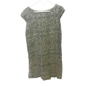 Lina Tomei Grey Linen Geometric Lagenlook‎ Boho
 Cap Sleeve Dress Lg Knee Length